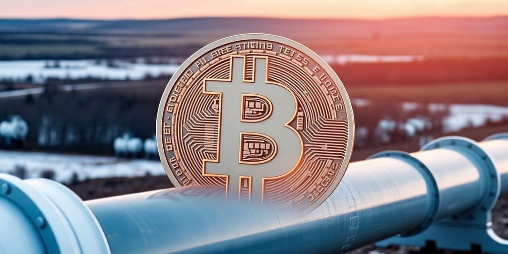 Bitcoin e pipeline del gas in un paesaggio russo.