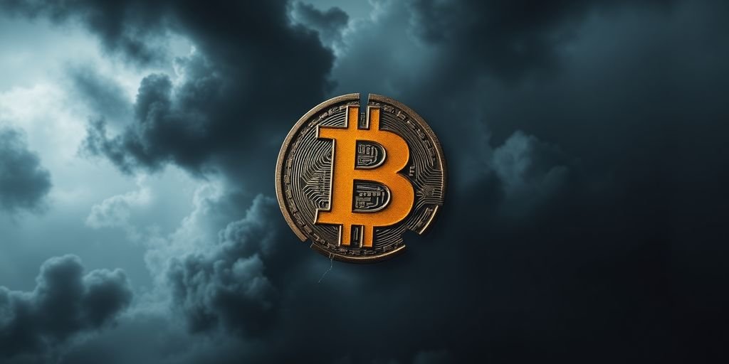 Logo di Bitcoin distrutto su sfondo nuvoloso.