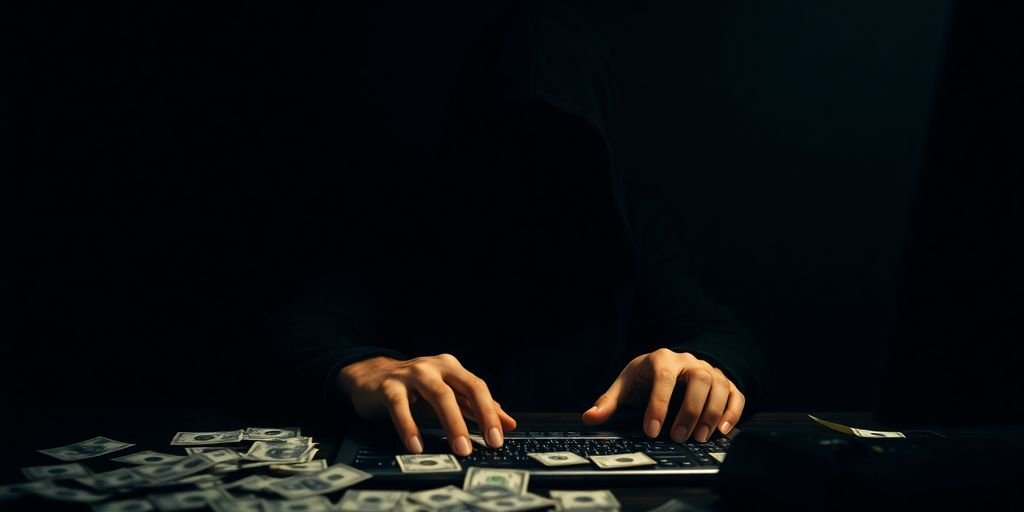 Figura misteriosa davanti a un computer con denaro disperso.