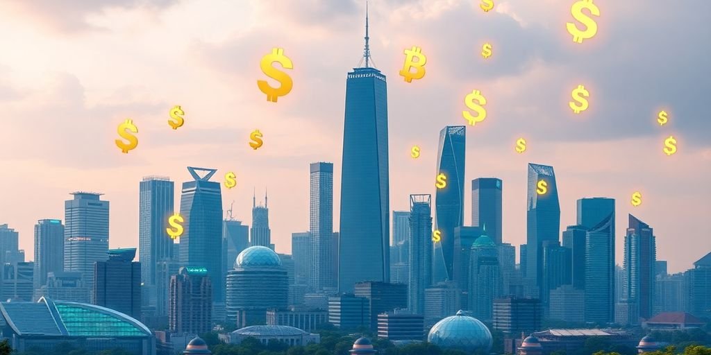 Città futuristica con simboli di criptovaluta fluttuanti.