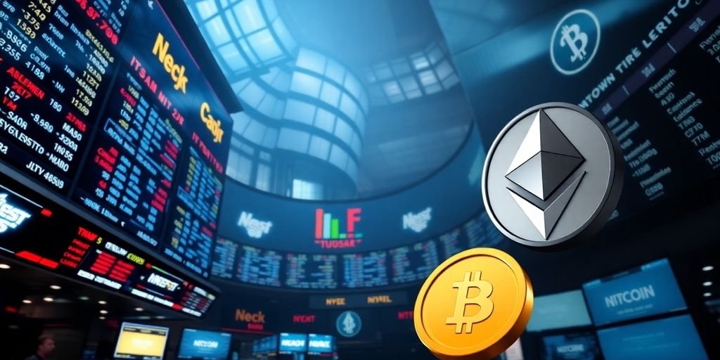 Mercato finanziario con criptovalute e tensione economica.