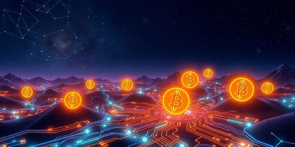 Futuro di Bitcoin con simboli e circuiti digitali.