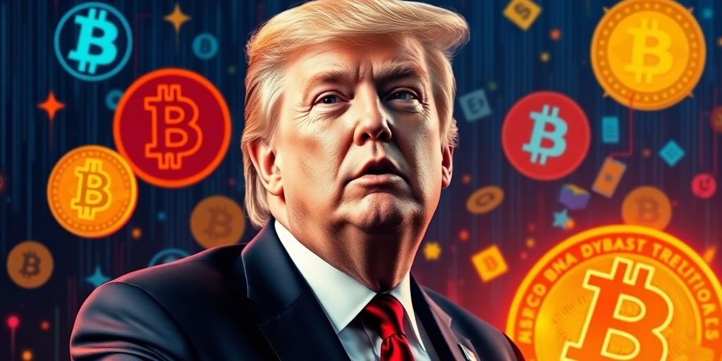 Trump con simboli di criptovaluta e tecnologia blockchain.