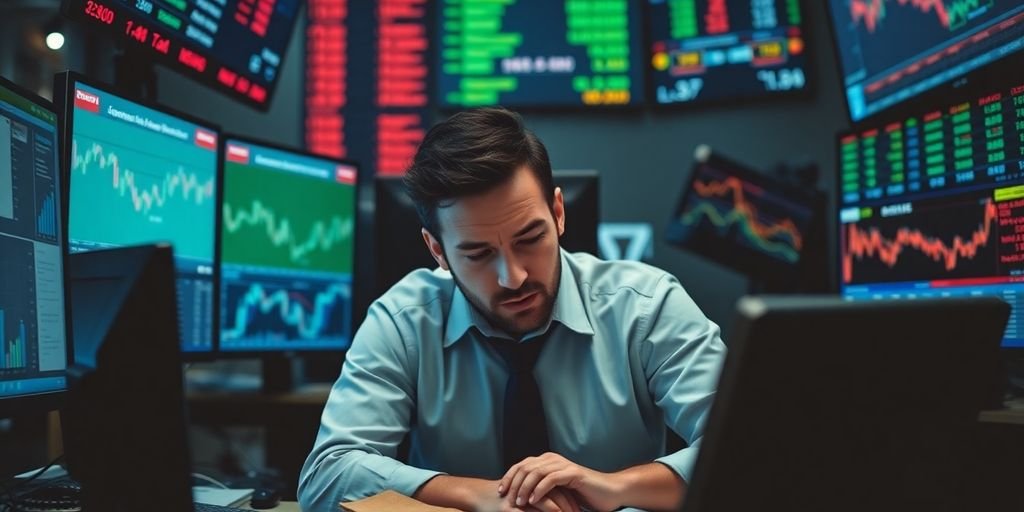 Trader nervoso circondato da schermi di mercato.