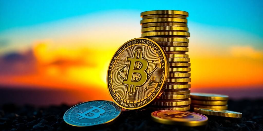 Bitcoin dorato su sfondo di sole nascente.