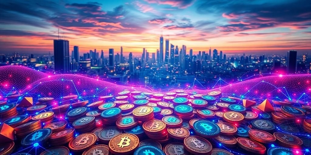Monete digitali e skyline futuristico delle imprese.