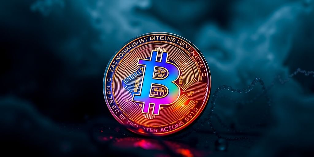 Moneta Bitcoin su sfondo scuro e turbolento.