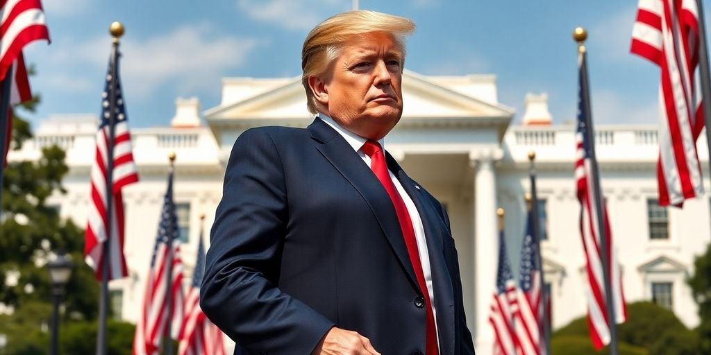 Trump davanti alla Casa Bianca con bandiere americane.