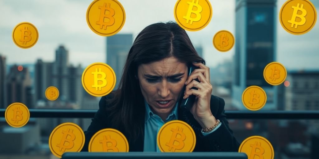 Persona stressata al telefono con simboli di criptovalute.