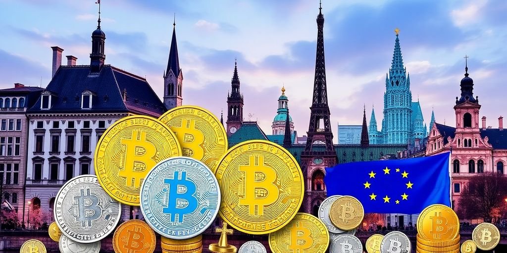Monete di criptovaluta con monumenti europei sullo sfondo.