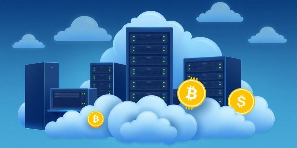 Illustrazione di un impianto di mining digitale nel cloud.