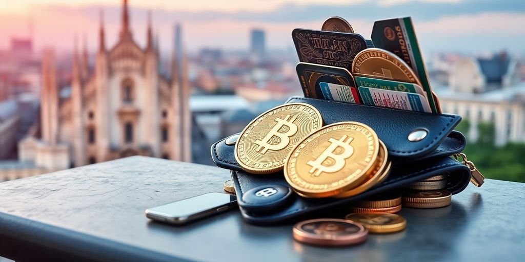 Portafoglio digitale con Bitcoin e skyline di Milano.