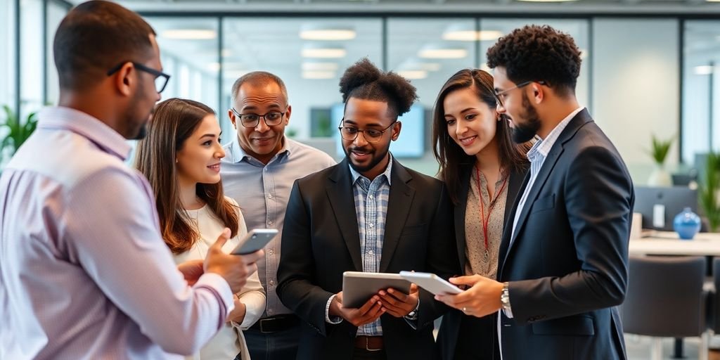 Professionisti in un ufficio moderno che collaborano su pagamenti.