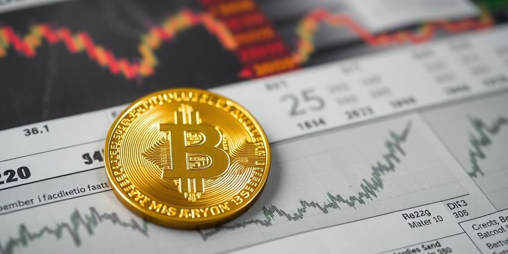 Moneta Bitcoin su un giornale finanziario sfocato.
