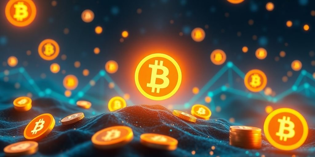 Simboli di criptovalute luminosi su uno sfondo digitale.
