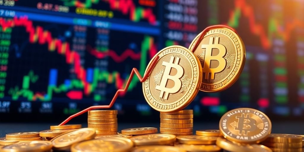 Monete di criptovaluta su sfondo di mercato finanziario.