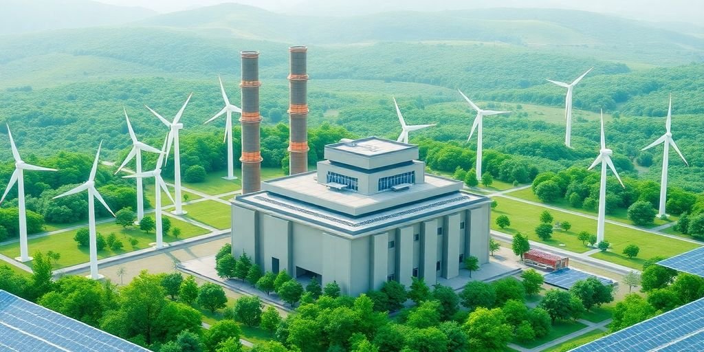 Impianto energetico moderno con turbine eoliche e pannelli solari.