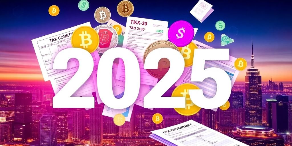 Collage di criptovalute e documenti fiscali per il 2025.