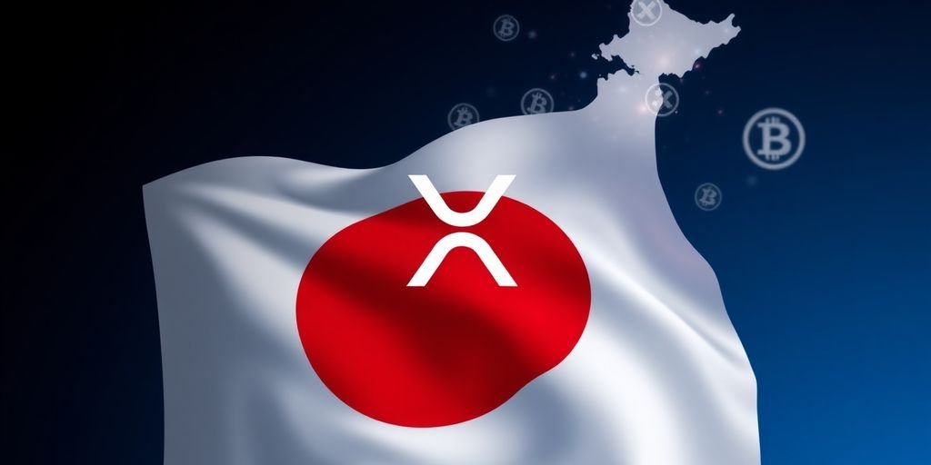 Bandiera giapponese e simboli di criptovalute digitali.
