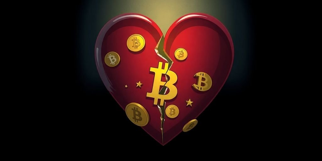 Cuore spezzato e simboli di criptovaluta, truffe romantiche.