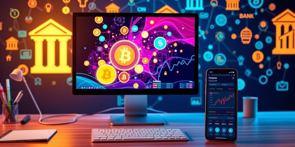 Spazio fintech moderno con grafica cripto e dispositivi digitali.