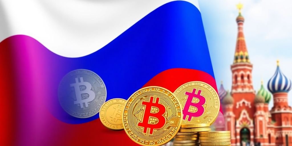 Bandiera russa con simboli e monete di Bitcoin.