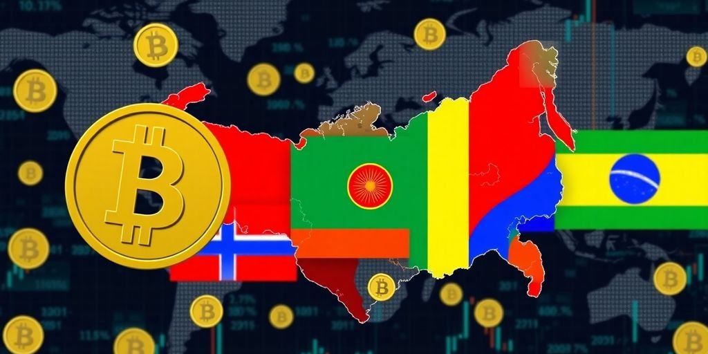 Simboli delle criptovalute e bandiere dei paesi BRICS.