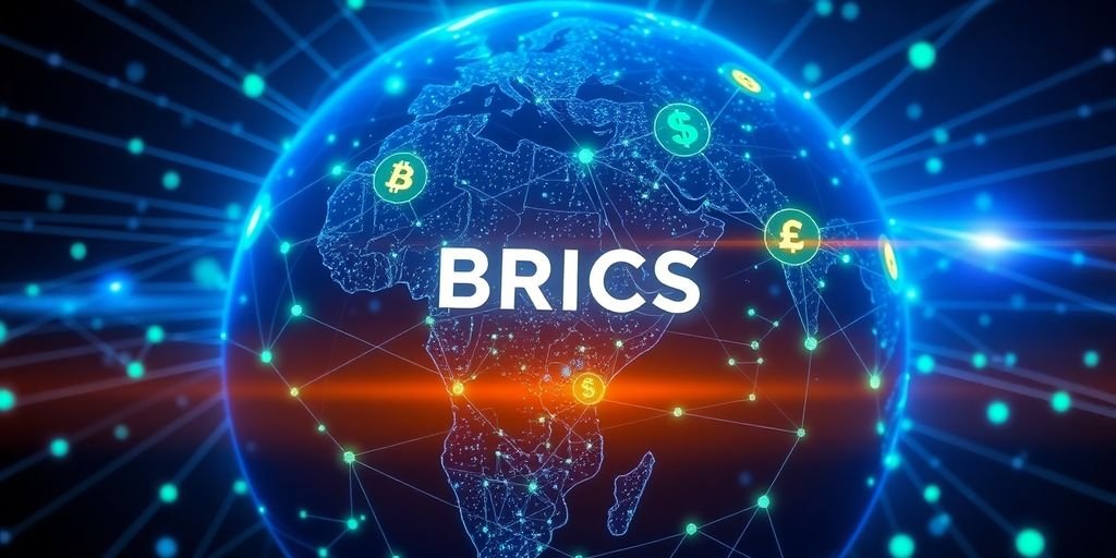 Globo digitale con nodi interconnessi e simboli finanziari.