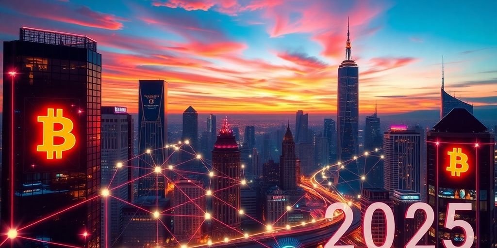 Città futuristica con simboli di bitcoin luminosi.
