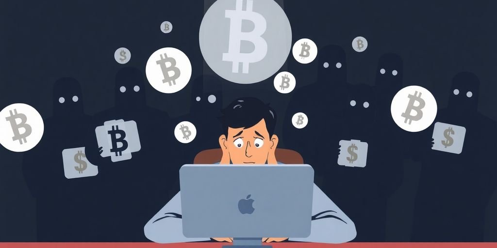 Persona preoccupata con simboli di criptovalute attorno.