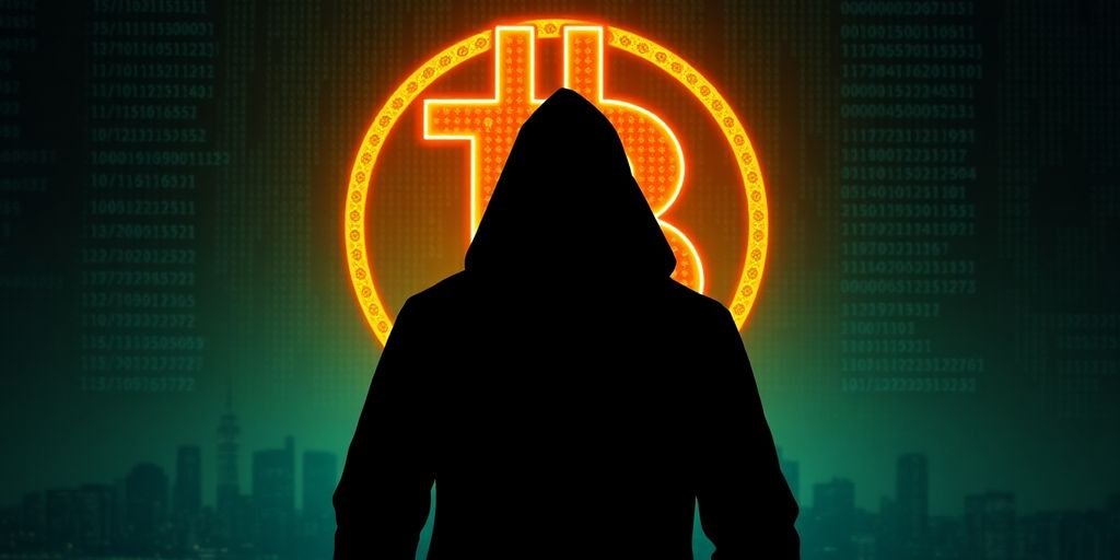 Figura ombrosa con simbolo di criptovaluta e codice.