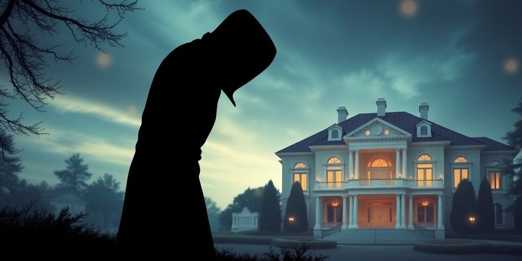 Figura ombrosa vicino a una lussuosa villa.